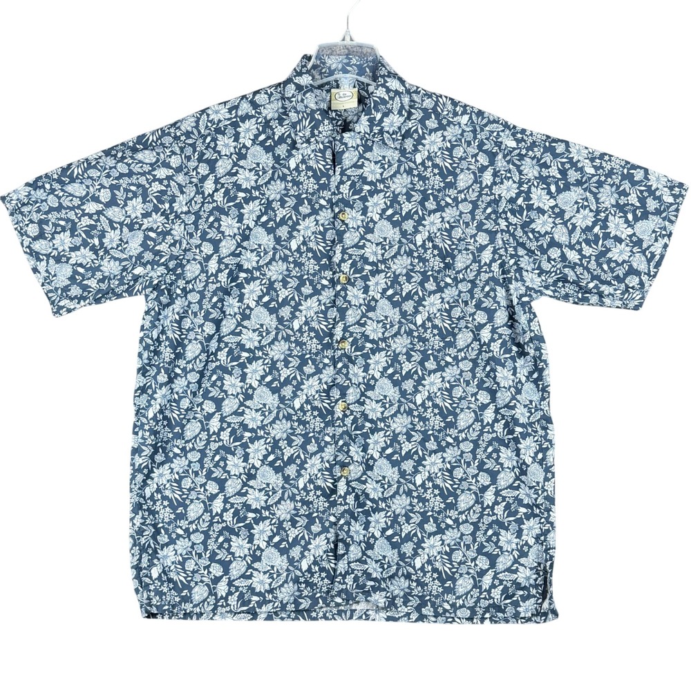 Vtg Go Barefoot Men's L Blue White Floral Reverse Print Hawaiian Summer Shirt